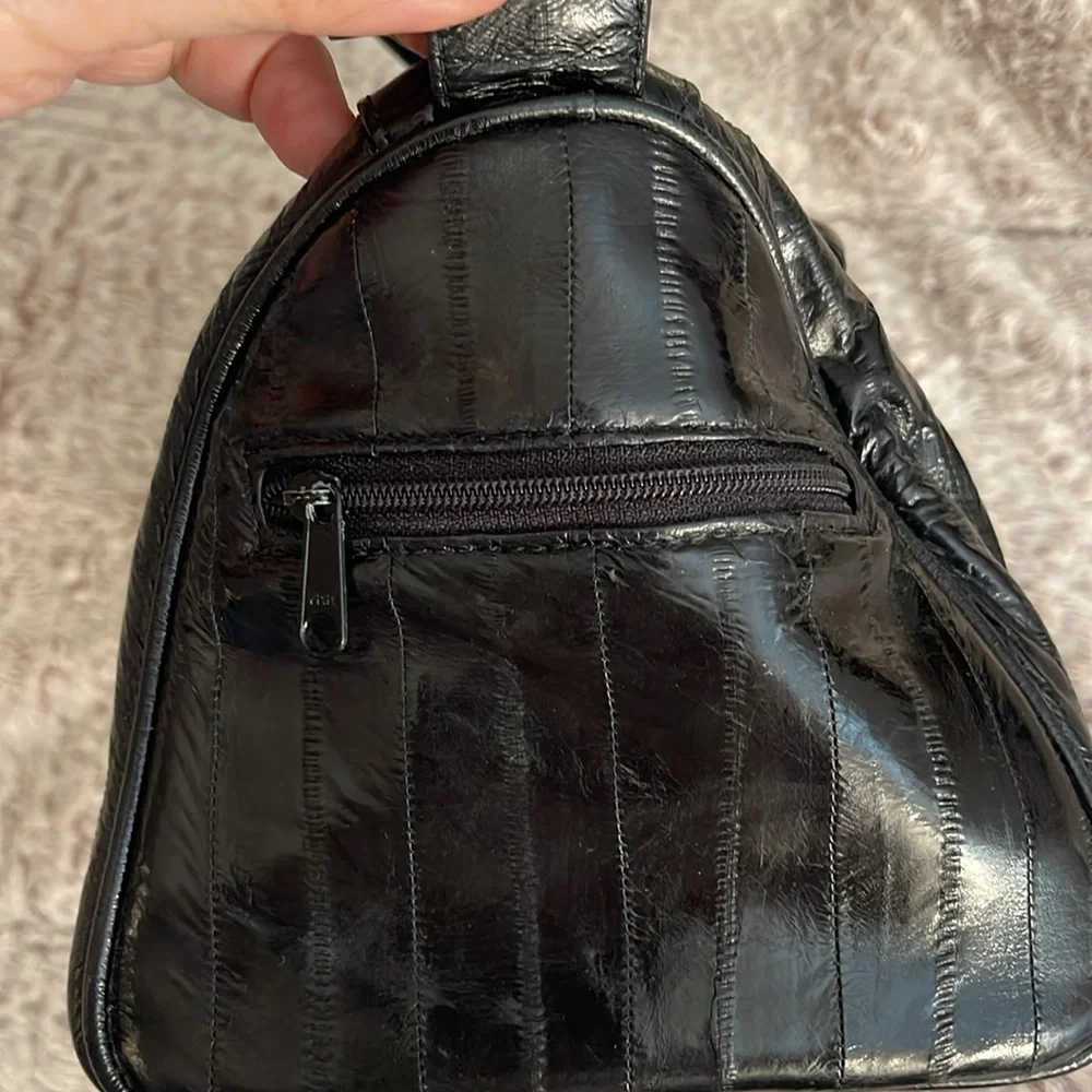 Genuine Eel Skin Handbag‎ Black Top Handle Zipper Closure Classic